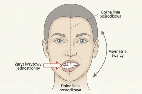 Ilustracja twarzy z zaznaczoną asymetrią i zgryzem krzyżowym jednostronnym. Widoczna jest nierówność dolnej części twarzy, wskazująca na problem z żuchwą.