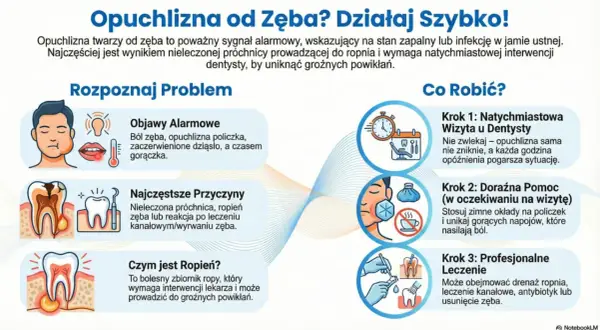 Opuchlizna twarzy od zęba to sygnał stanu zapalnego. Objawy: ból, gorączka. Przyczyny: próchnica, ropień. Działaj szybko: wizyta u dentysty, zimne okłady.