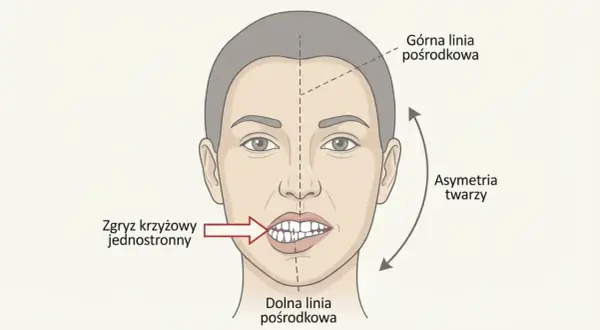 Ilustracja twarzy z zaznaczoną asymetrią i zgryzem krzyżowym jednostronnym. Widoczna jest nierówność dolnej części twarzy, wskazująca na problem z żuchwą.