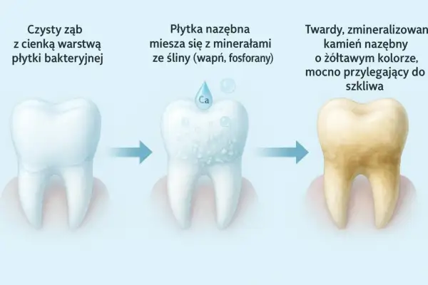 Proces powstawania kamienia nazębnego: od czystego zęba, przez mieszanie płytki z minerałami, aż do twardego, żółtawego kamienia. Skaling jest kluczowy.