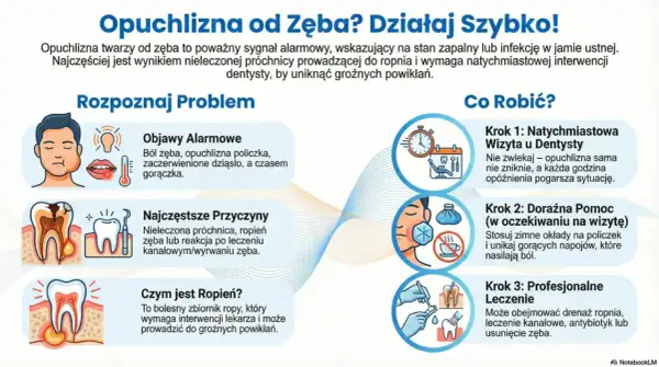 Opuchlizna twarzy od zęba to sygnał stanu zapalnego. Objawy: ból, gorączka. Przyczyny: próchnica, ropień. Działaj szybko: wizyta u dentysty, zimne okłady.